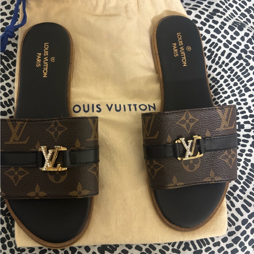 Louis Vuitton Monogram Brown and Black Men's Slides